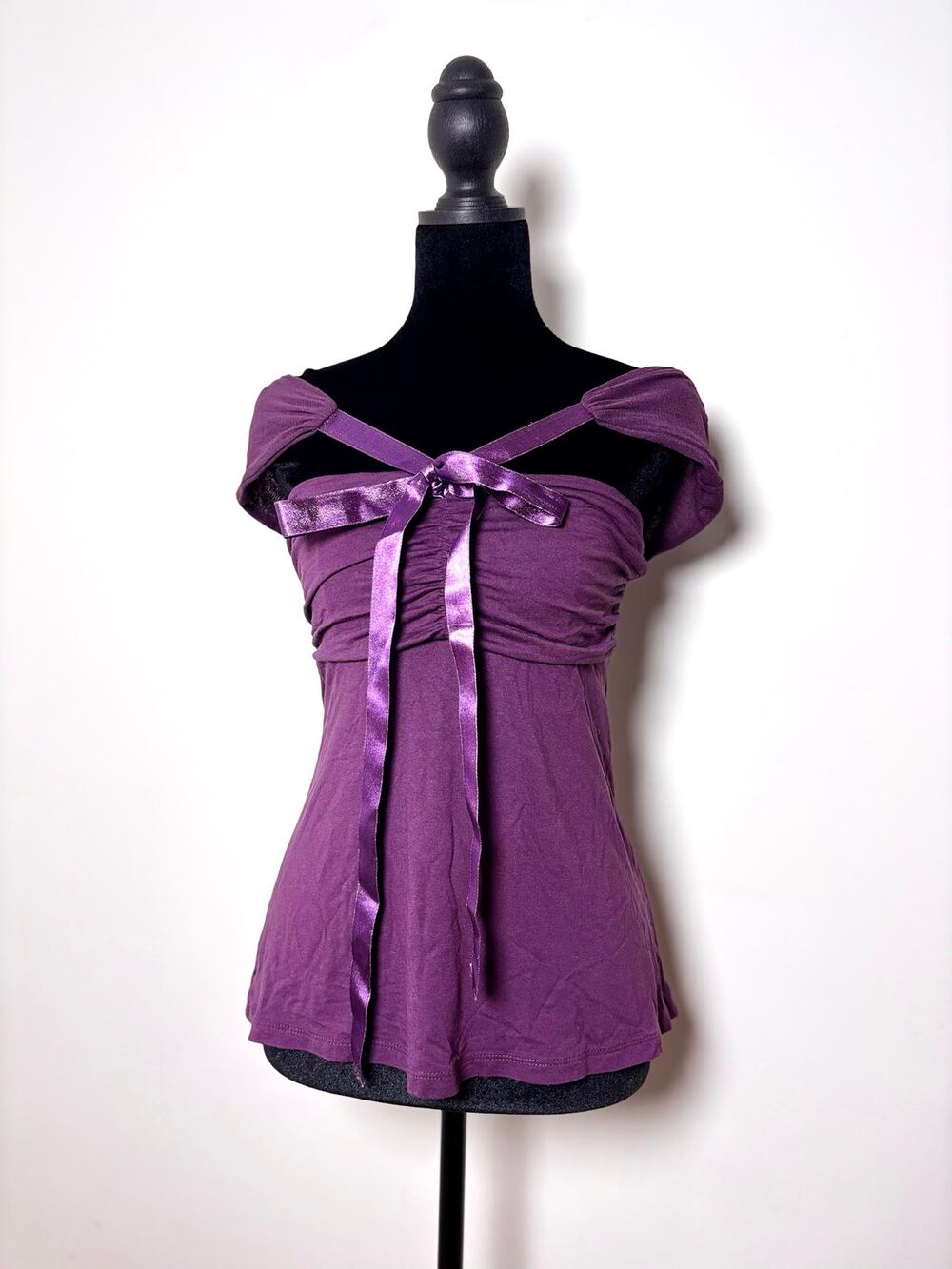 Morgan de Toi Royal Purple Ribbon Strap Off The Shoulder Tie Front Babydoll Top